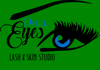 Logo with stylized eye, eyelash, and text for Doll Eyes Lash & Skin Studio.