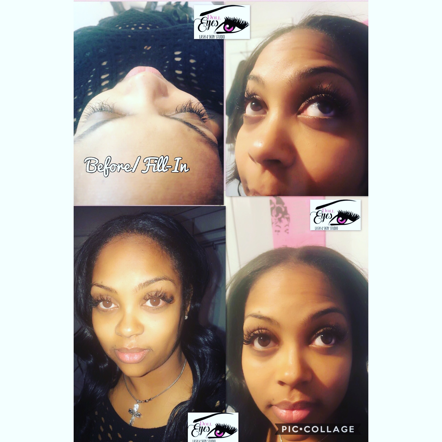 Sequence of four images showing a woman's eye makeup application and her face before and after. Text reads 'Before/Fill-In'.
