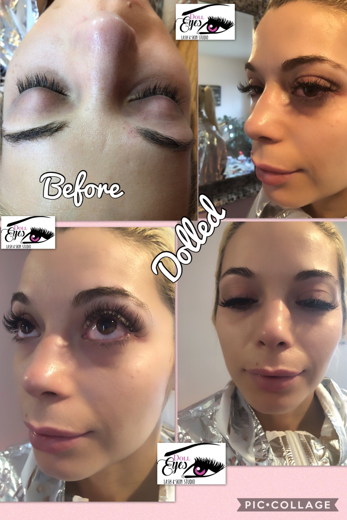 Four images showing before and after eyelash extension application, with a woman lying down and her eyes open or closed.