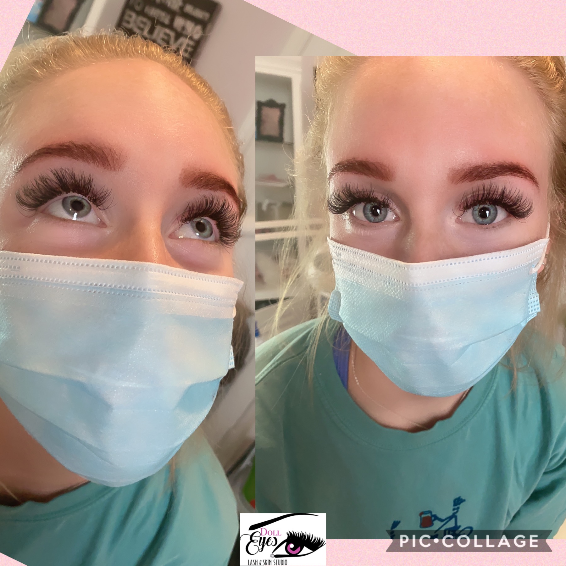 Close-up of a woman with blonde hair wearing a face mask and teal shirt, looking upward with bright eyes.