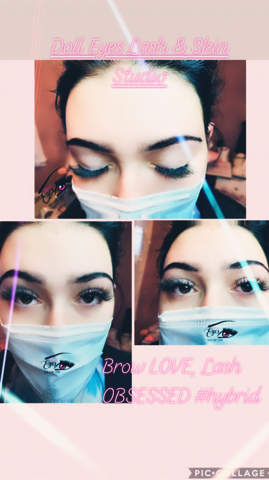 Close-up of a woman's face with makeup, wearing a face mask, with two similar images below, all with pink backgrounds.