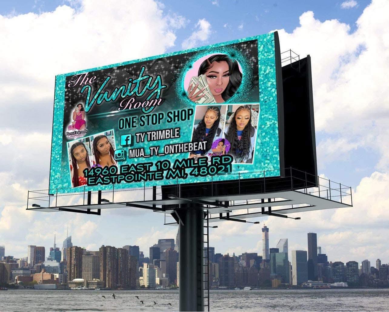 Billboard advertising beauty products with images of women, text, and social media handles, against a city skyline and cloudy sky.
