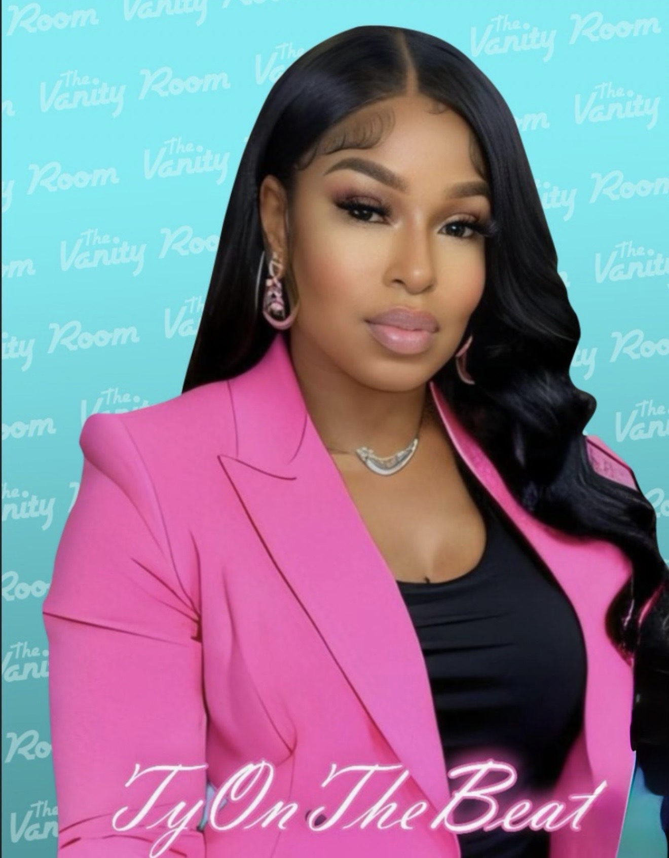 Woman with long black hair wearing a pink blazer and black top, posing against a blue background with white text.
