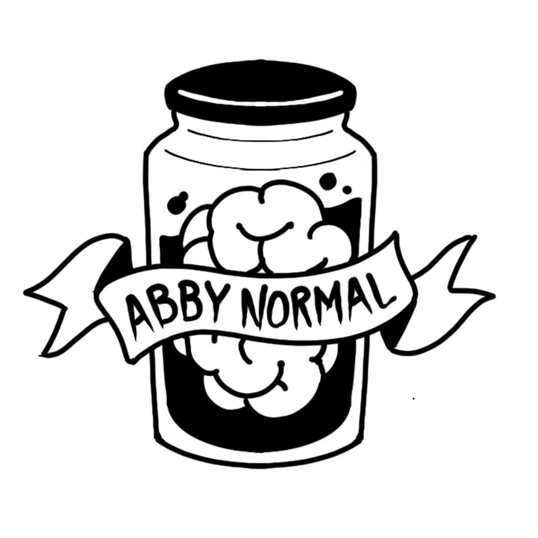 A jar with a brain inside and a banner reading 'ABBY NORMAL'. Black and white illustration.