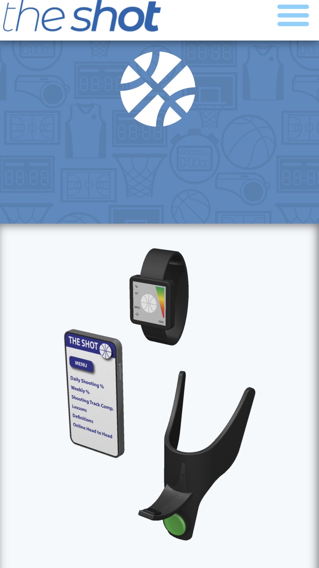Smartwatch, smartphone, and a U-shaped device with a green button displayed on a white background.