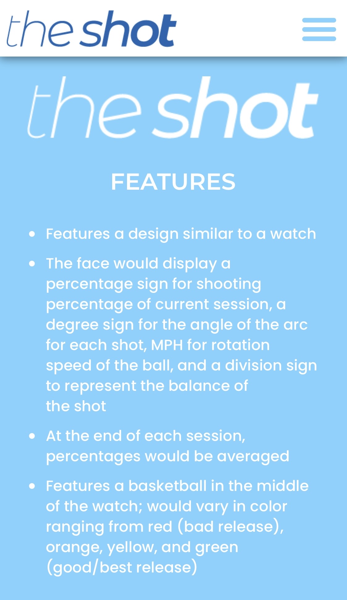Text about features of a device, including display, shooting, and color options, with a blue background and white text.