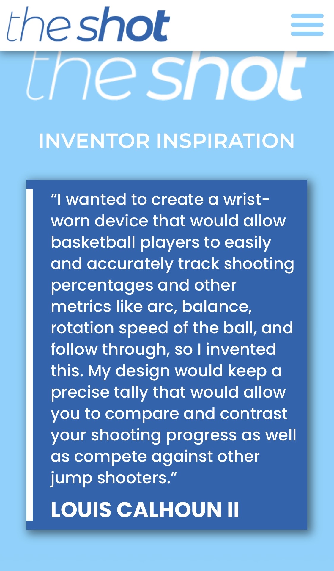 Blue background with white and blue text about inventing a basketball shooting device, attributed to Louis Calhoun II.