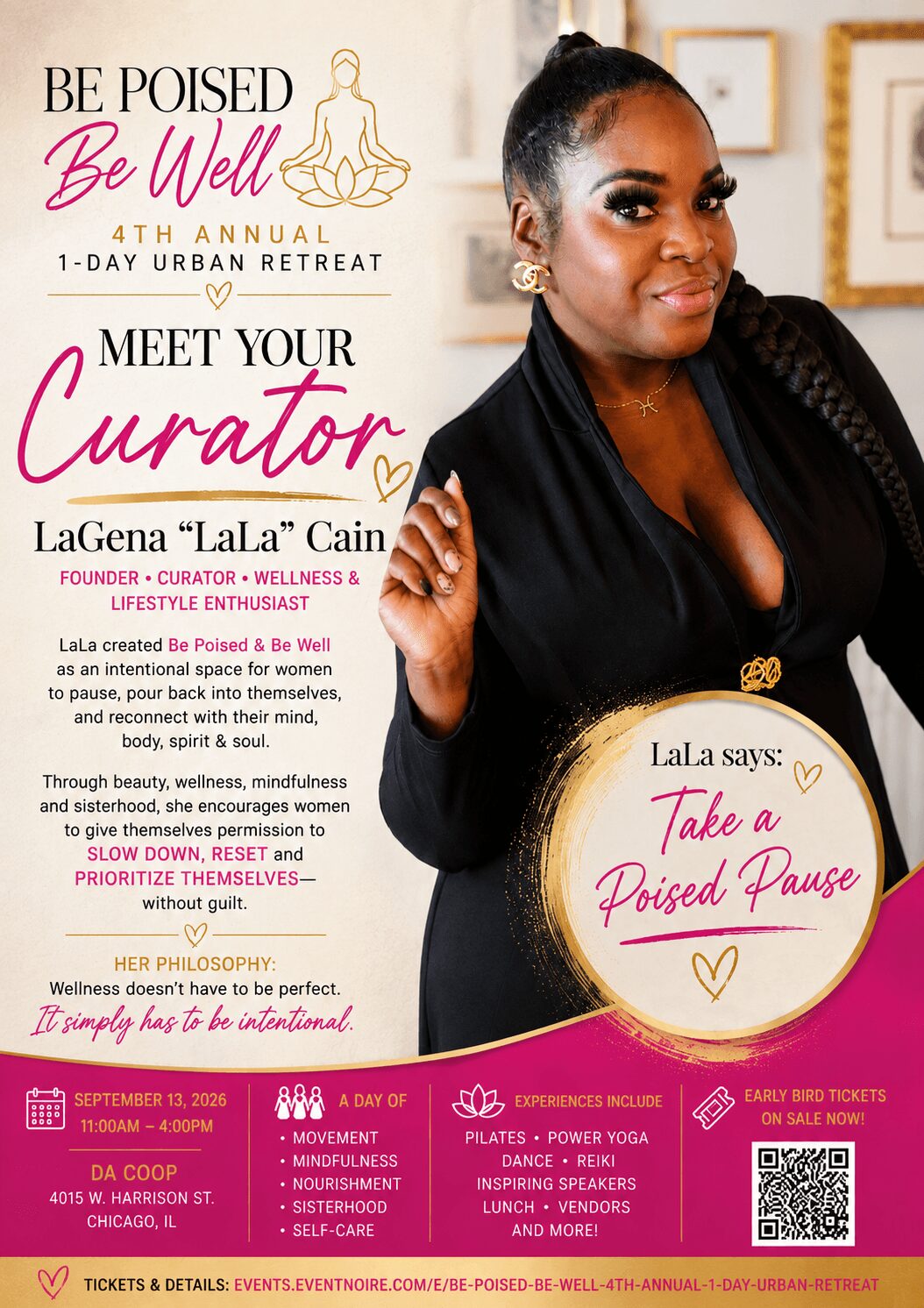Woman with braided hair smiling, wearing a black top, with event text about wellness retreat and self-love.