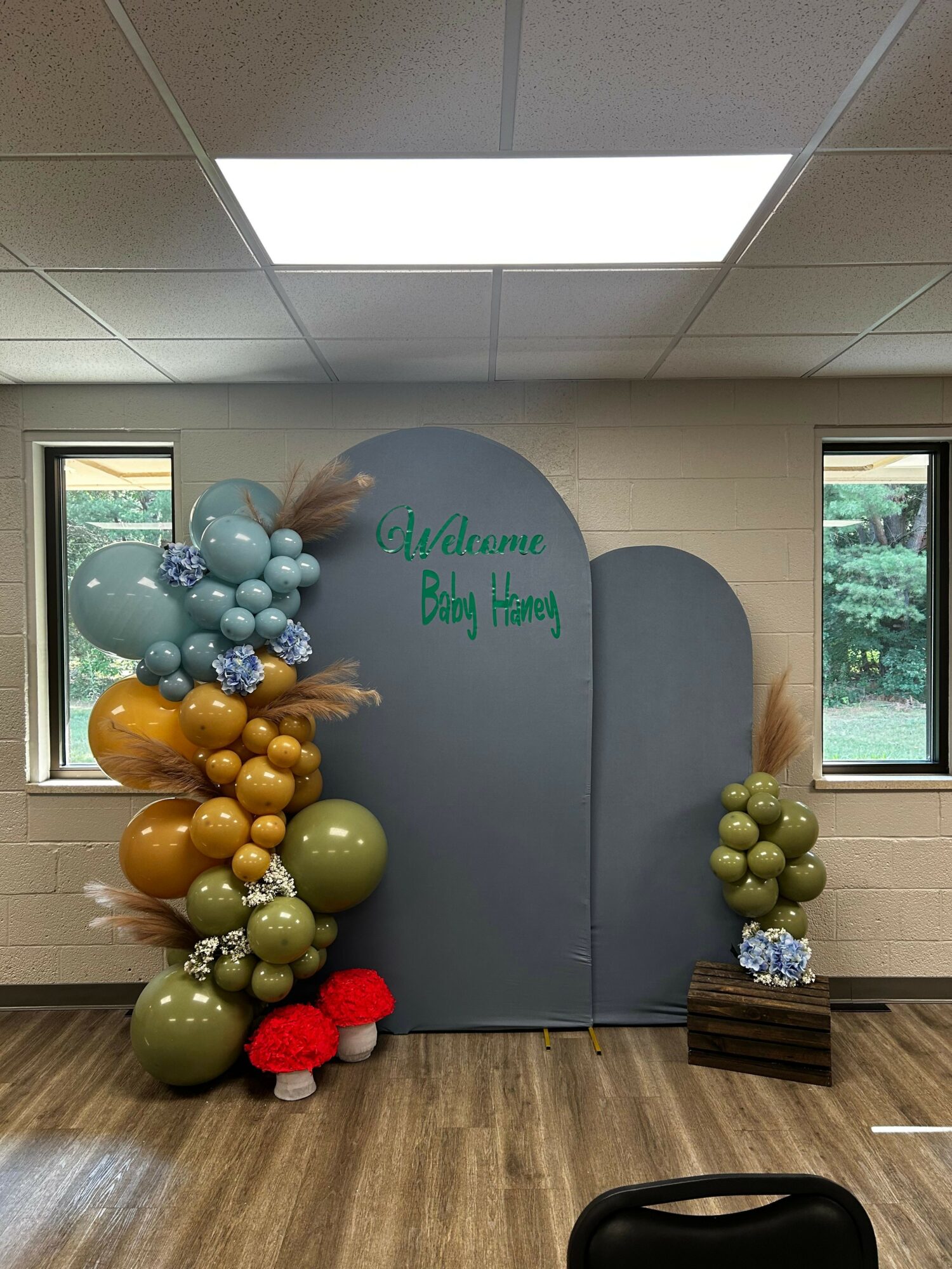 Gray backdrop with balloons in green, blue, gold, and red, and a small wooden table with grapes and flowers, in a room with windows.