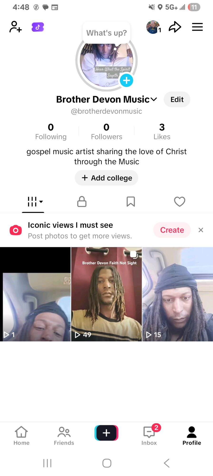 Mobile profile page showing Brother Devon Music with three videos, profile picture, and follower information.