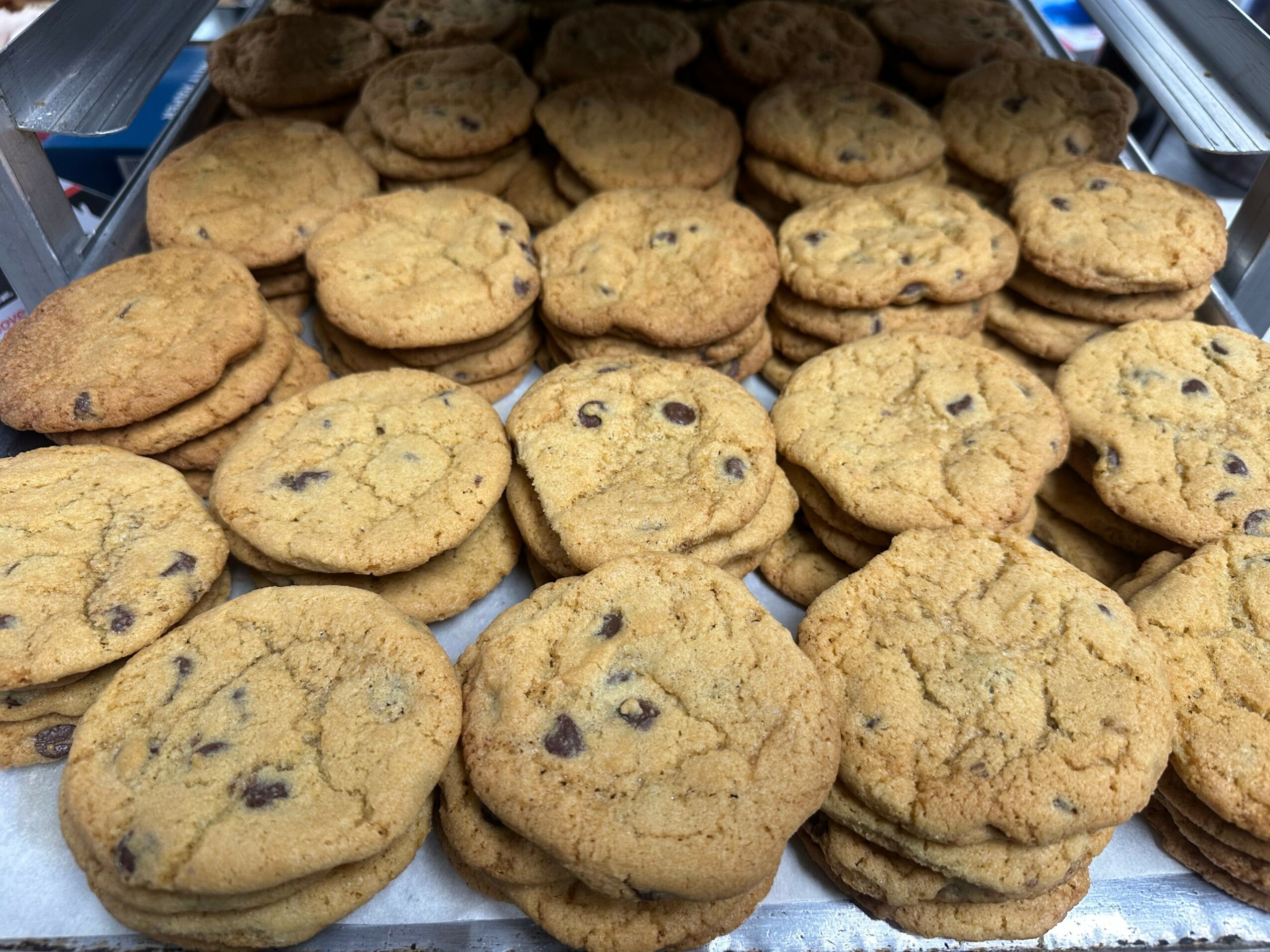 A tray of chocolate chip cookies stacked and spread out, with some cookies overlapping each other.