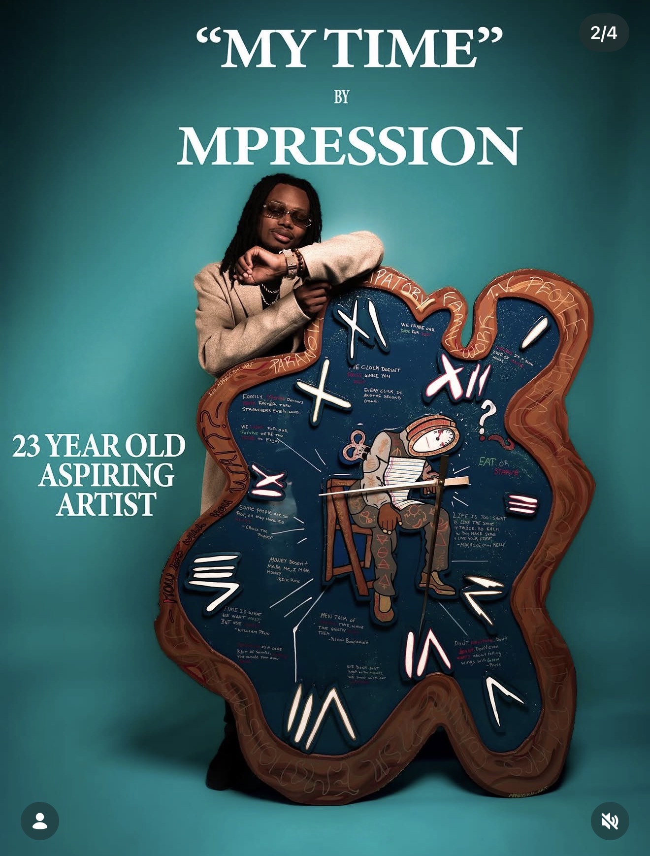 Woman holding a large clock shaped like a brain with clock hands and numbers, teal background, text about a 23-year-old artist.