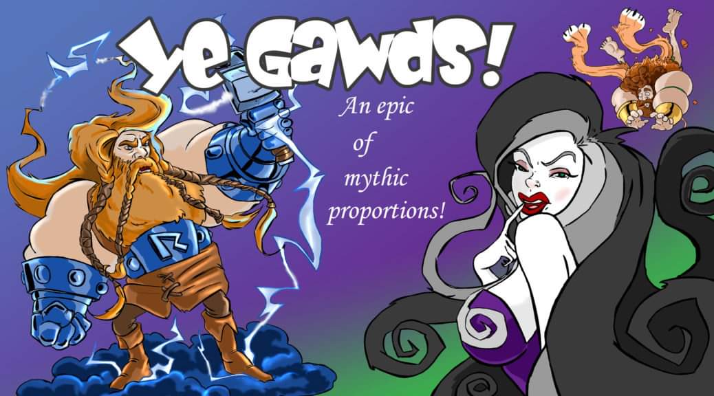 Colorful cartoon characters with fantasy elements, including a lion-like creature and a witch, with text about mythic proportions.