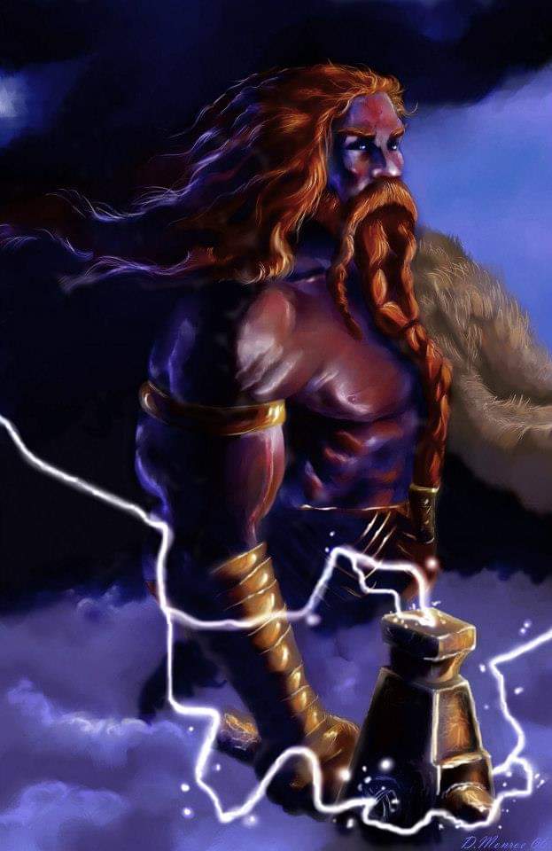 A bearded man with long hair and a beard, wearing armor, stands in a storm with lightning, clouds, and wind.