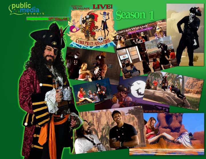 A person dressed as a pirate with a black hat, curly hair, and colorful costume, surrounded by various images and posters.