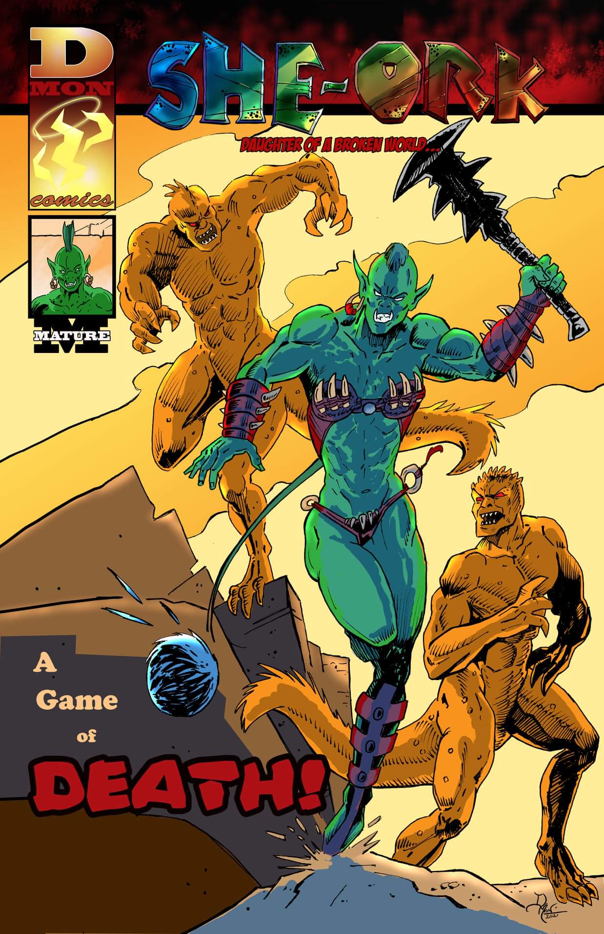 Comic book cover featuring Sheork, a green-skinned warrior with a spear, fighting two monstrous creatures in a desert landscape.