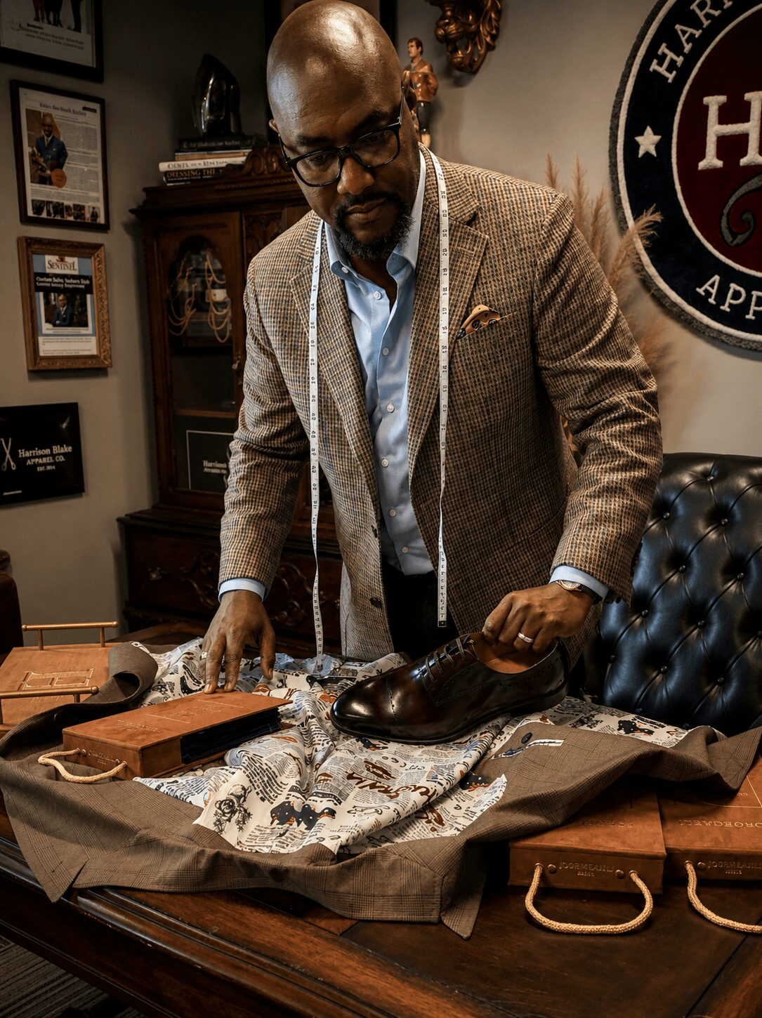 Man in glasses and brown blazer inspecting a shoe on a table with fabric and accessories.
