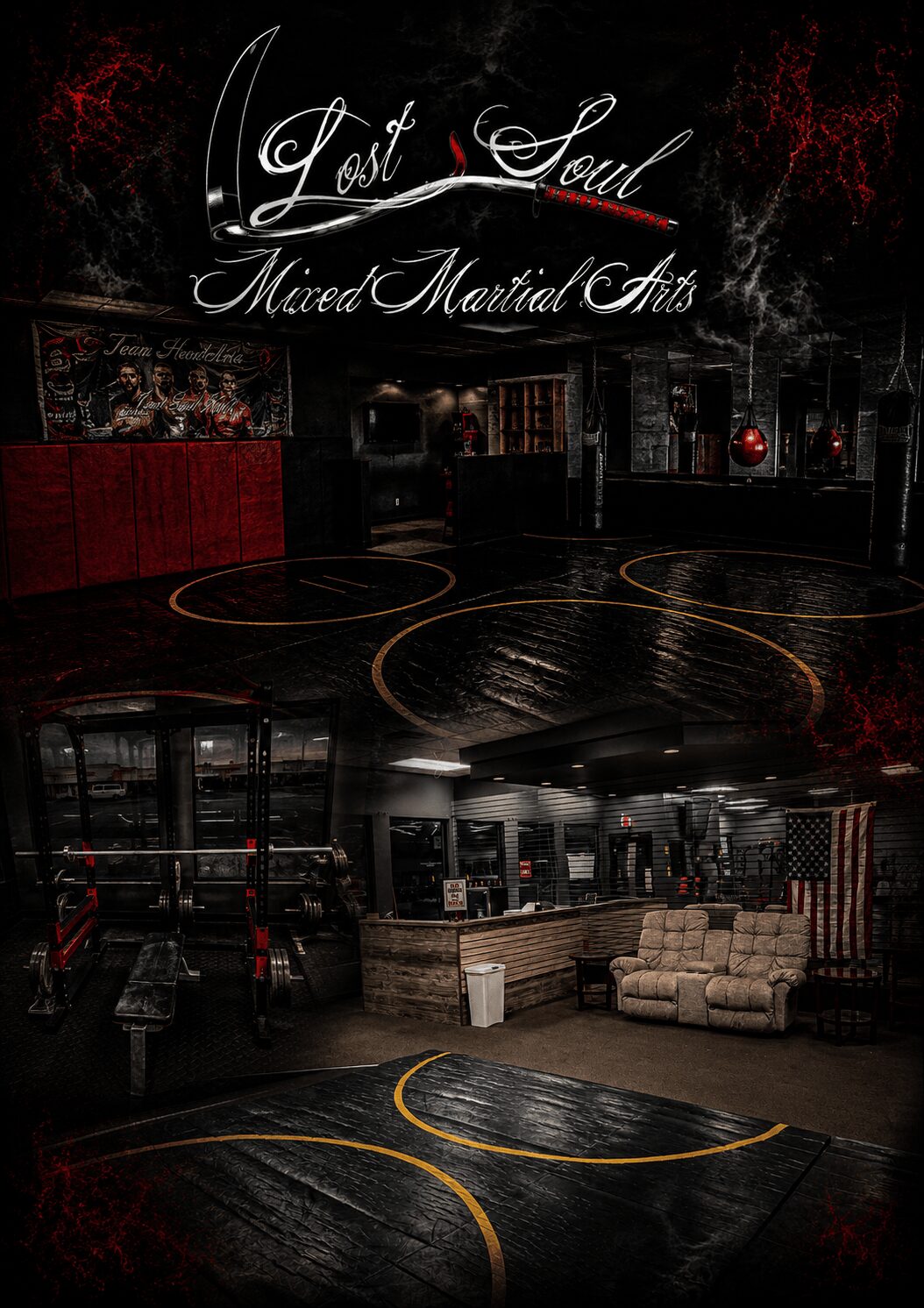 Indoor martial arts gym with a sign reading 'Lost Soul Mixed Martial Arts,' a basketball court, and seating area.