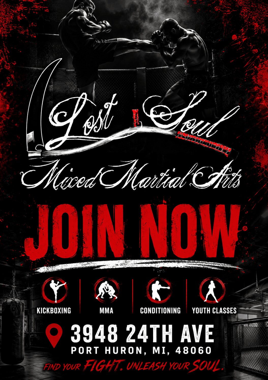 Martial arts poster with two fighters, event details, and call to action, on a dark background with red accents.