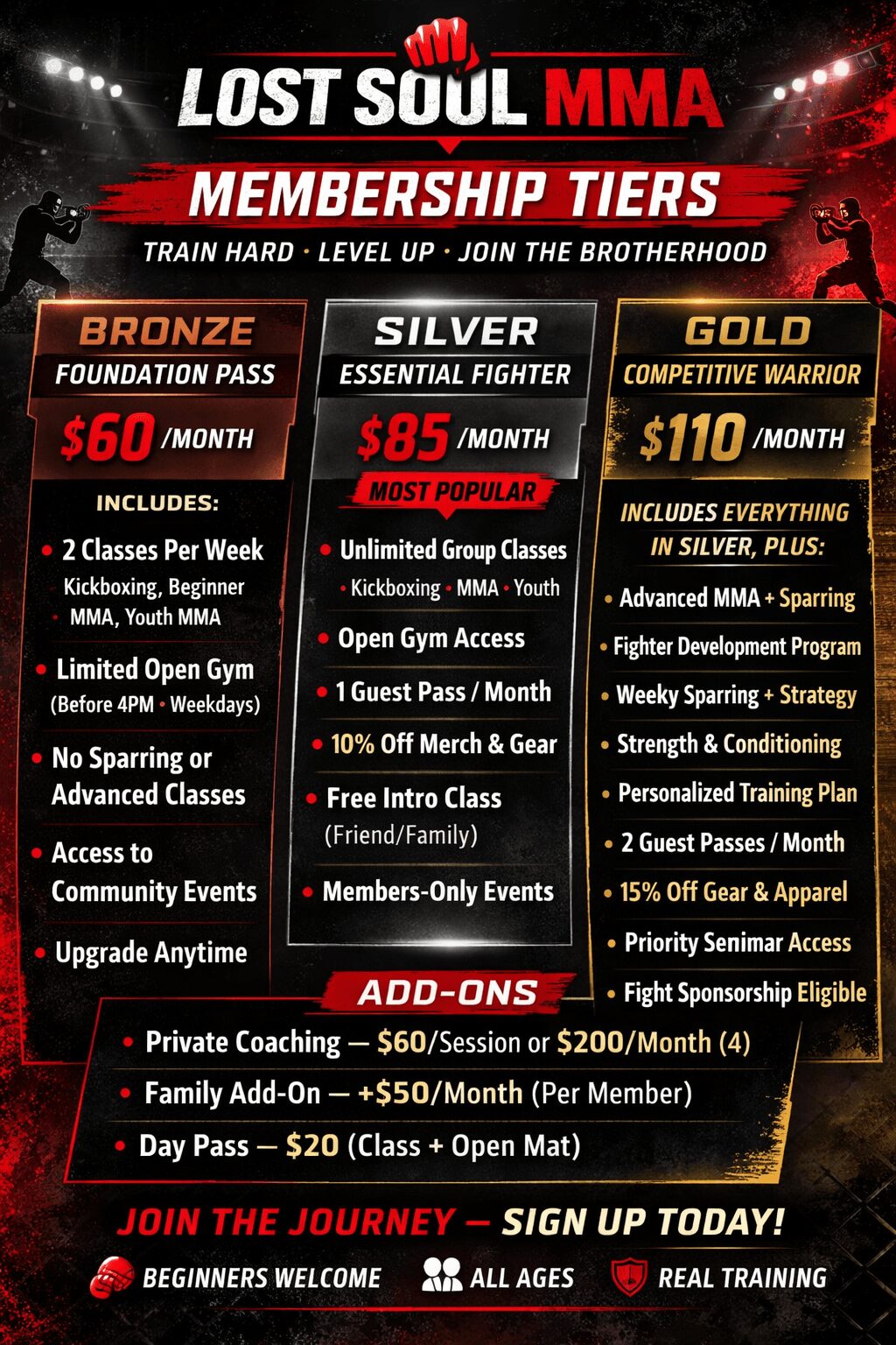 Promotional poster for Lost Soul MMA membership tiers, showing bronze, silver, and gold levels with benefits and prices.