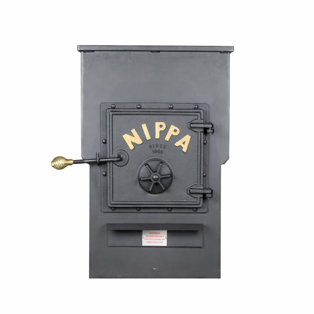 A gray safe with a handle and the word NIPPA in yellow letters on the door, against a white background.