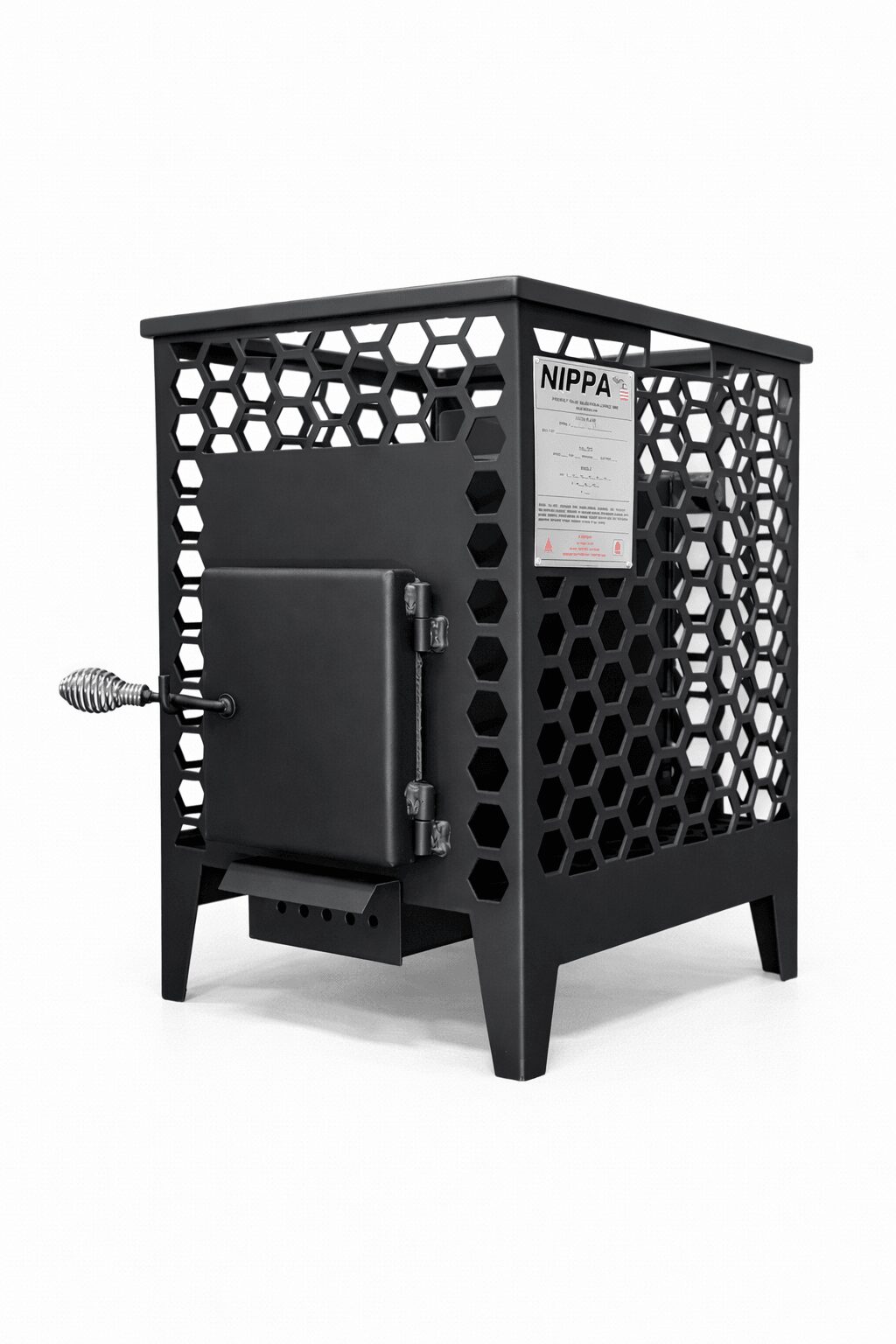 Black metal outdoor stove with a honeycomb pattern, a door, and a chimney pipe, standing on four legs.