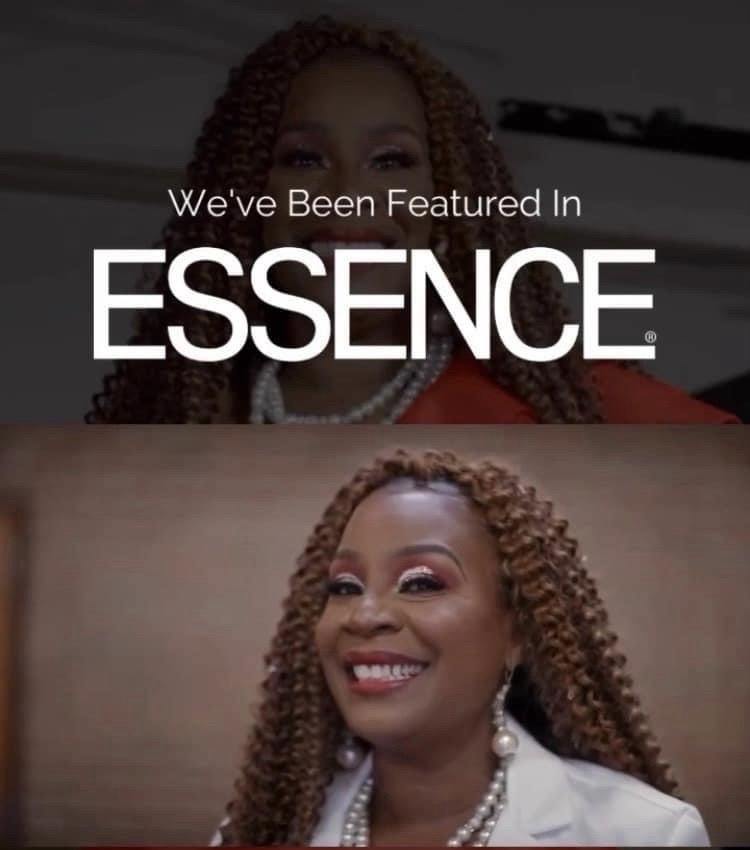Smiling woman with curly hair and pearl necklace, text overlay about being featured in Essence, background blurred.