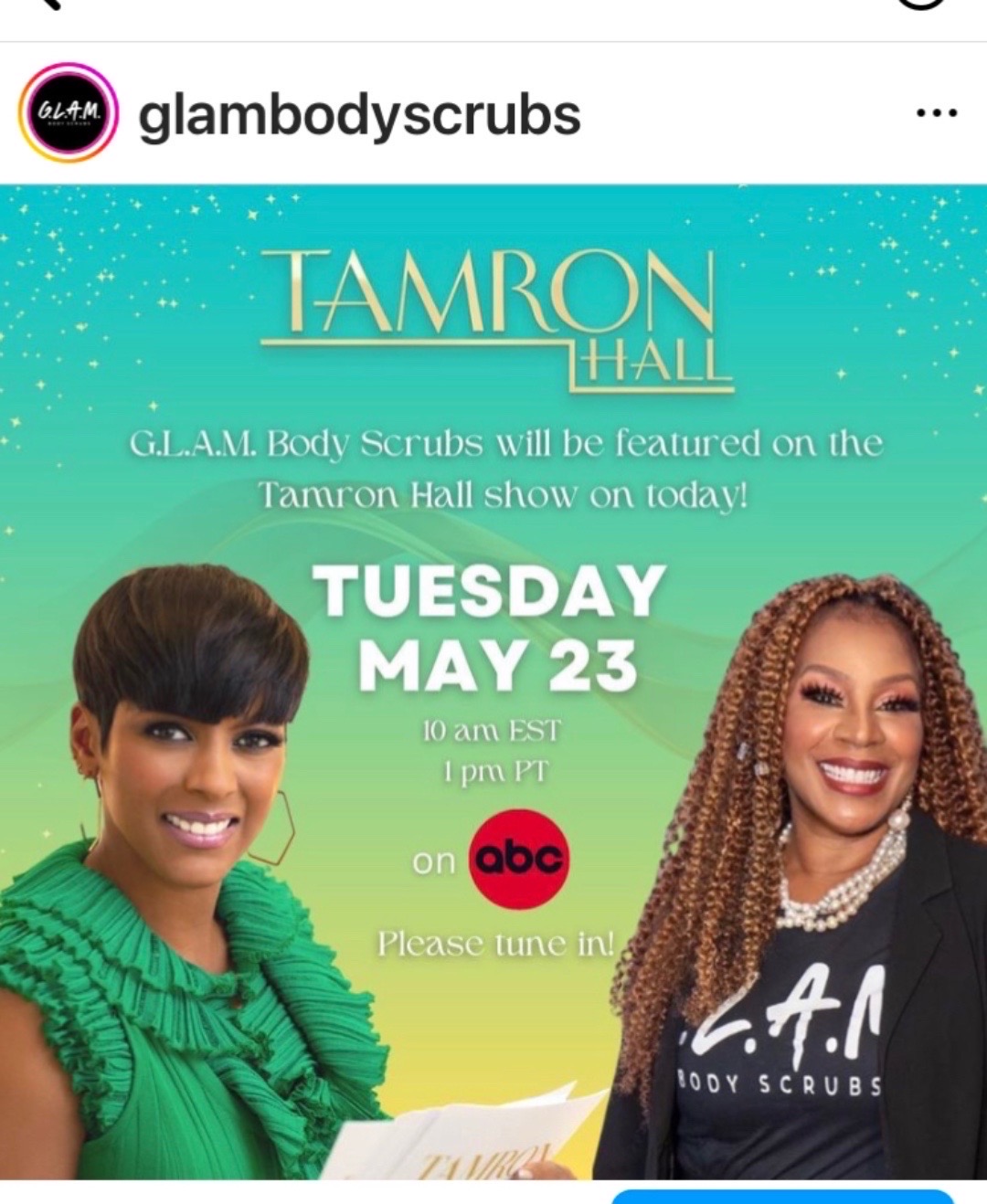 Two women smiling, one in a green dress and the other in a black shirt, promoting a body scrub event at Tamron Hall.