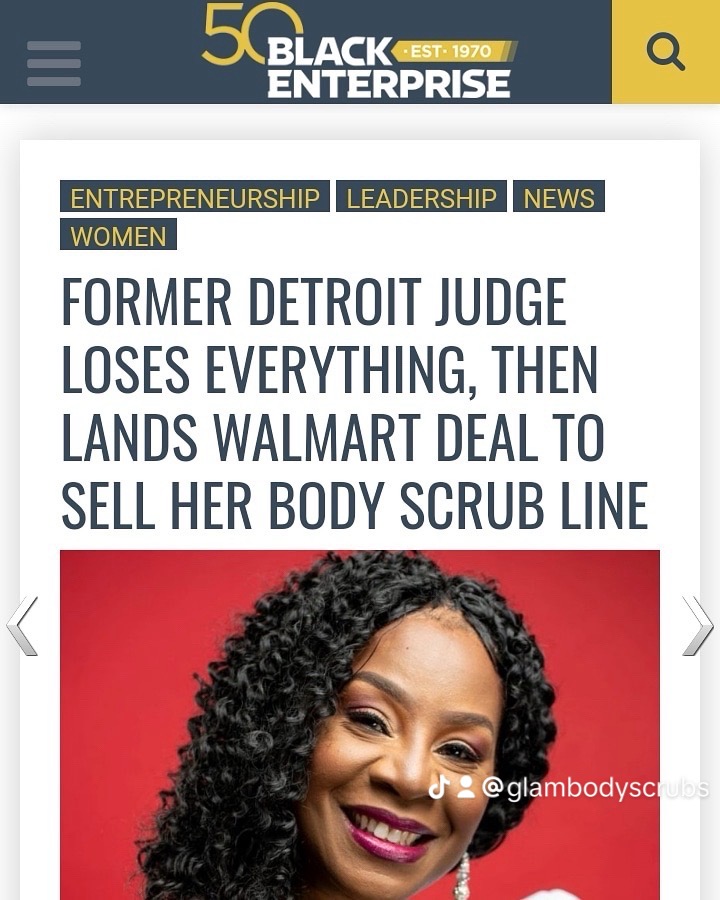 Smiling woman with curly hair in front of a red background, holding a product, with text about a judge's story.