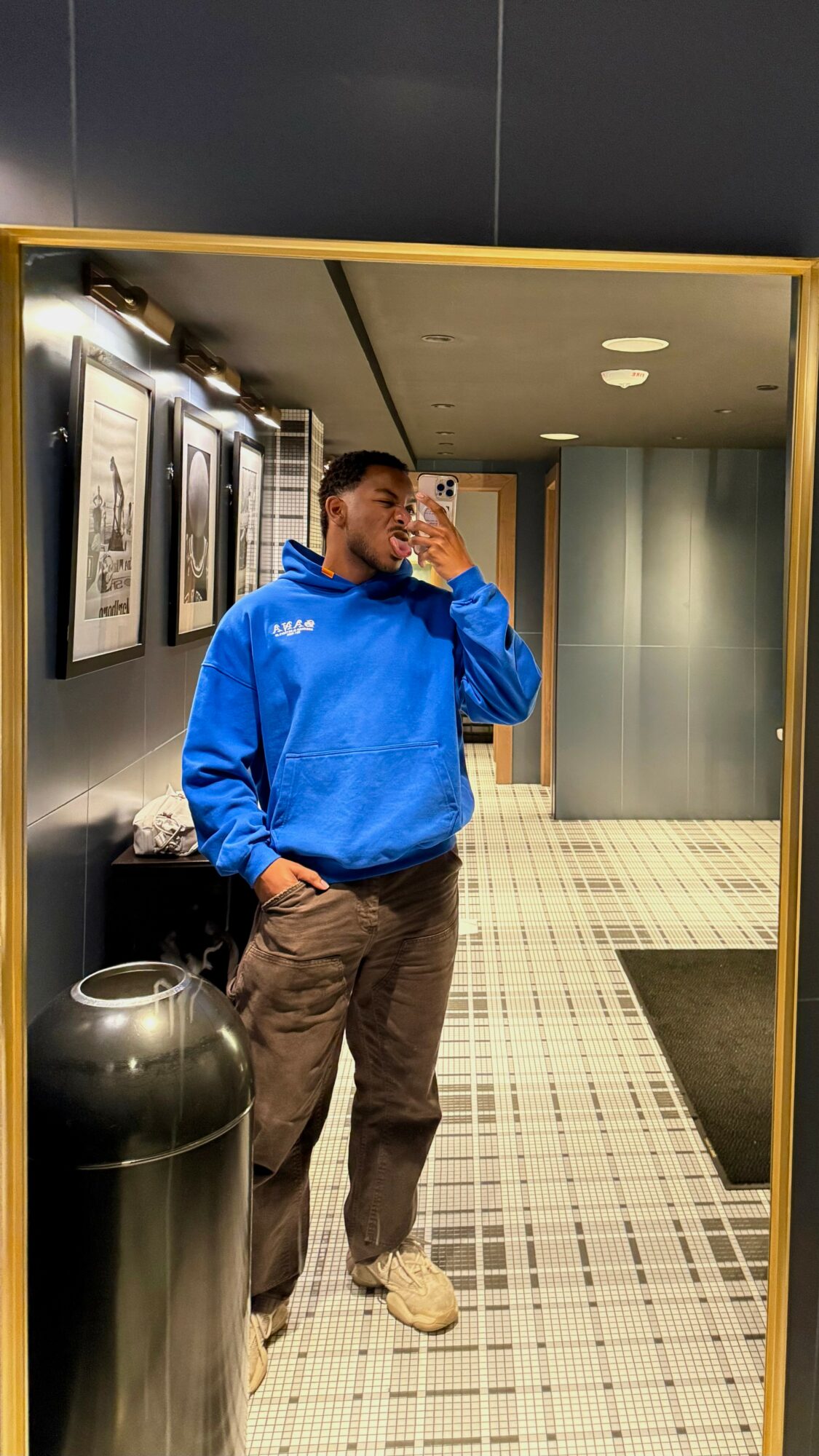 Person in blue hoodie taking a mirror selfie in a hallway with framed pictures and a trash can.