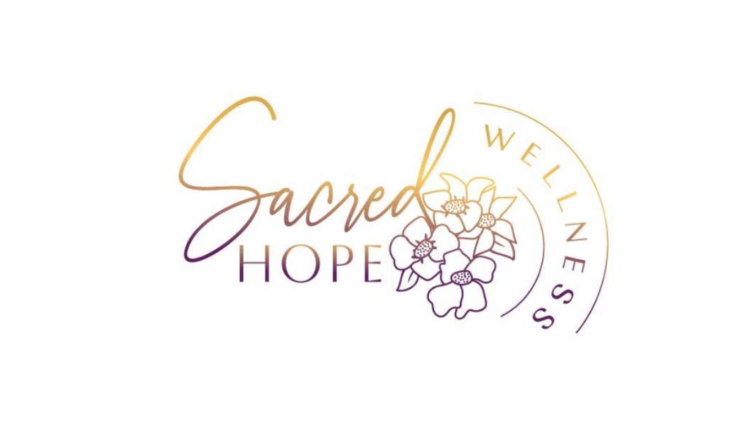 Logo with the words 'Sacred Hope Wellness' and a flower illustration, in elegant script and serif fonts.