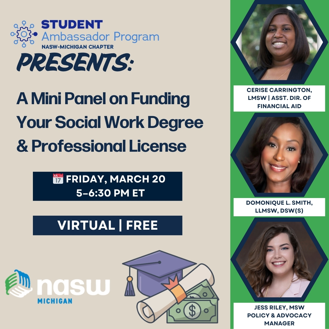 Event poster for a student panel on funding social work degrees, scheduled for March 20, virtual and free, with three speakers' photos.