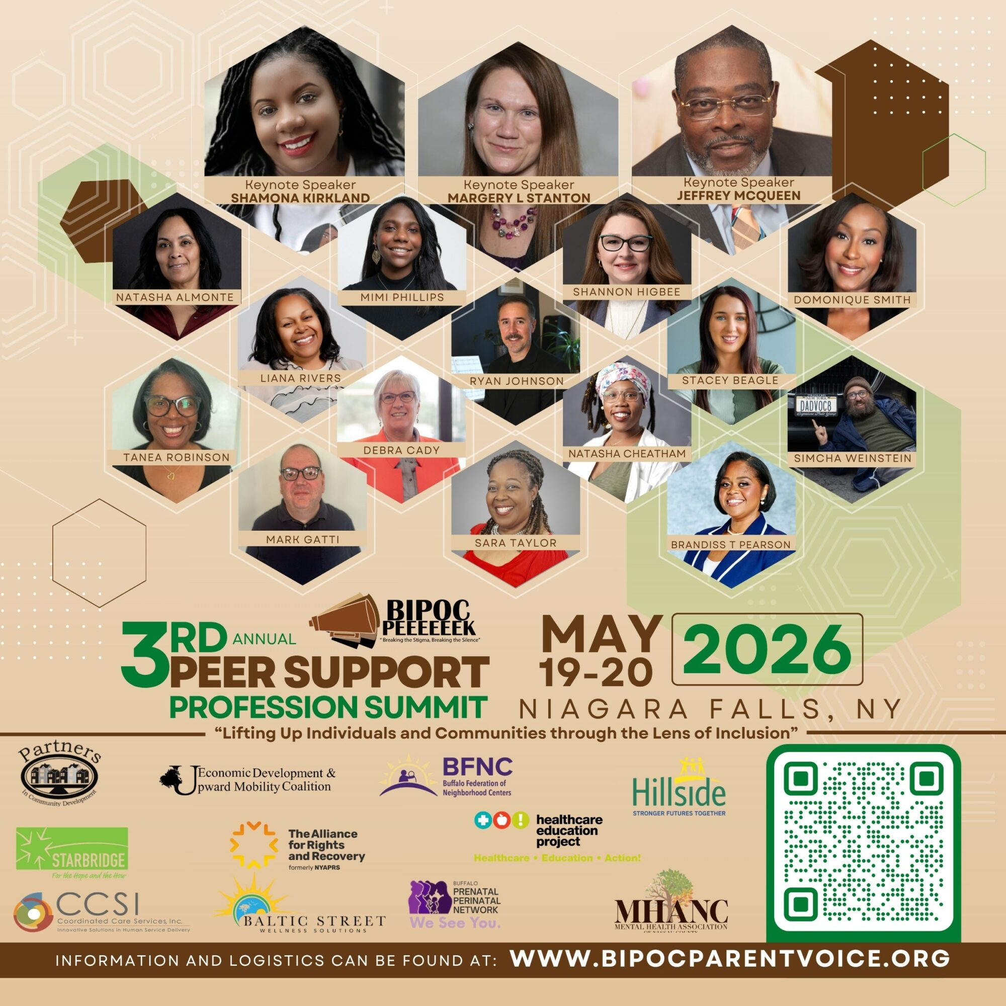 Group of diverse people in hexagon frames, event details for BIPOC Peer Support Profession Summit, May 19-20, 2026, Niagara Falls.