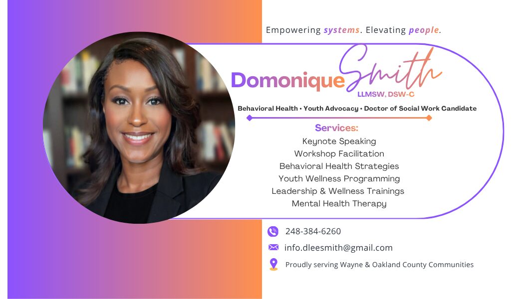 Portrait of a smiling woman with dark hair, wearing a black blazer, on a colorful background with text about Dominique Smith.