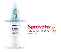 Nasal spray bottle with spray nozzle and label, next to the Spravato logo with stylized sunburst, on a white background.