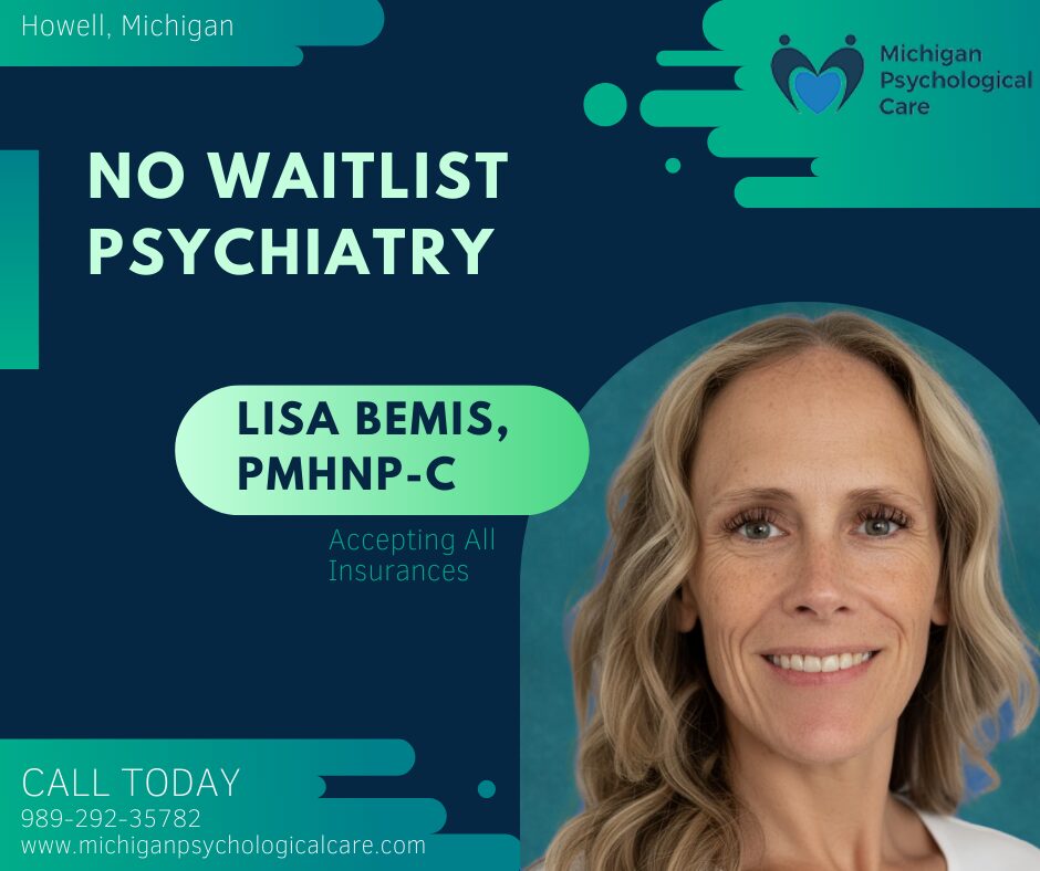 Promotional card for No Waitlist Psychiatry featuring Lisa Bemis, smiling woman with blonde hair, contact info, and Michigan Psychological Care logo.