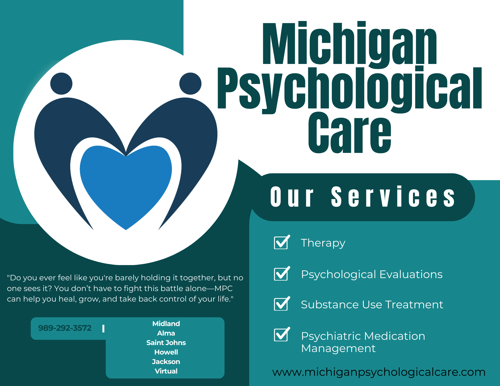 Logo with two abstract figures holding a heart, text reads Michigan Psychological Care, list of services, contact info, and website.