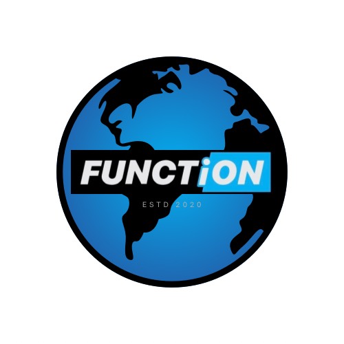 Logo with a blue globe and the word 'FUNCTION' in bold black and white, with 'ON' highlighted in blue.