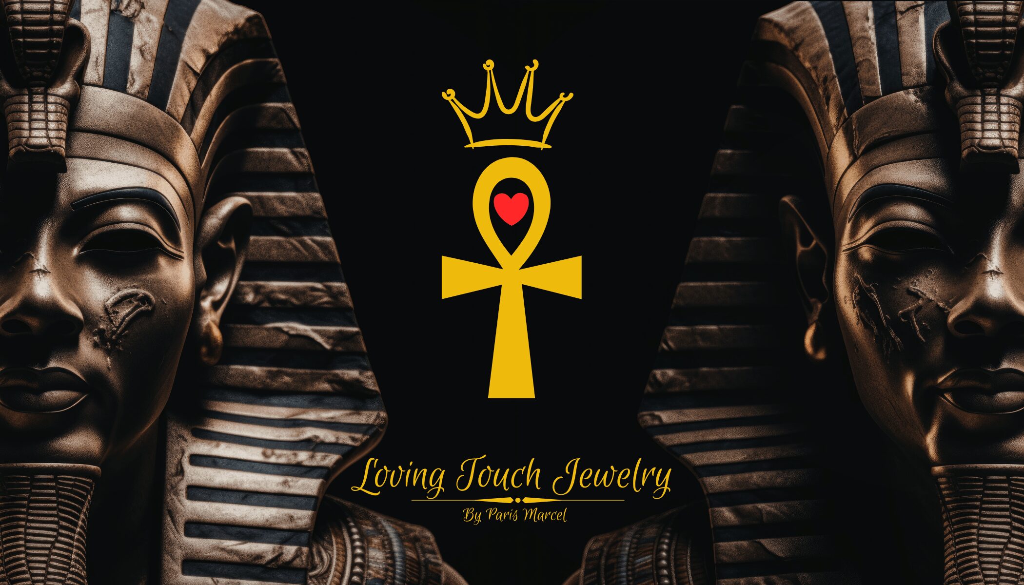 Logo with a gold ankh, crown, and heart symbol, flanked by Egyptian statues, with text for Loving Touch Jewelry.