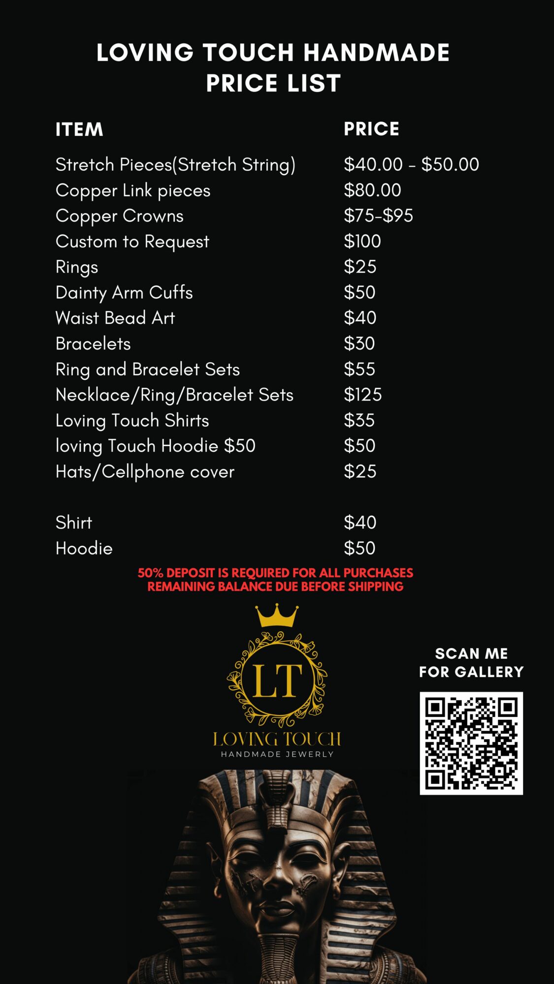 Price list for handmade jewelry and accessories, including items like stretch pieces, copper links, rings, and shirts, with prices.