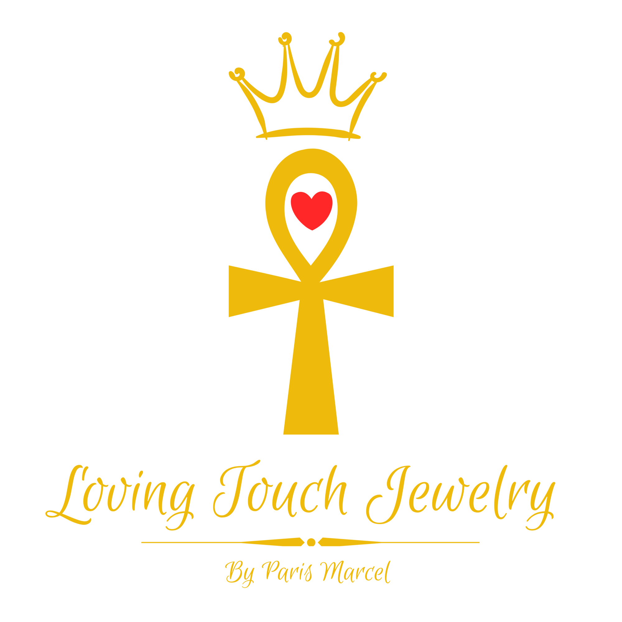 Black background with a gold crown, an ankh symbol with a red heart, and gold text reading