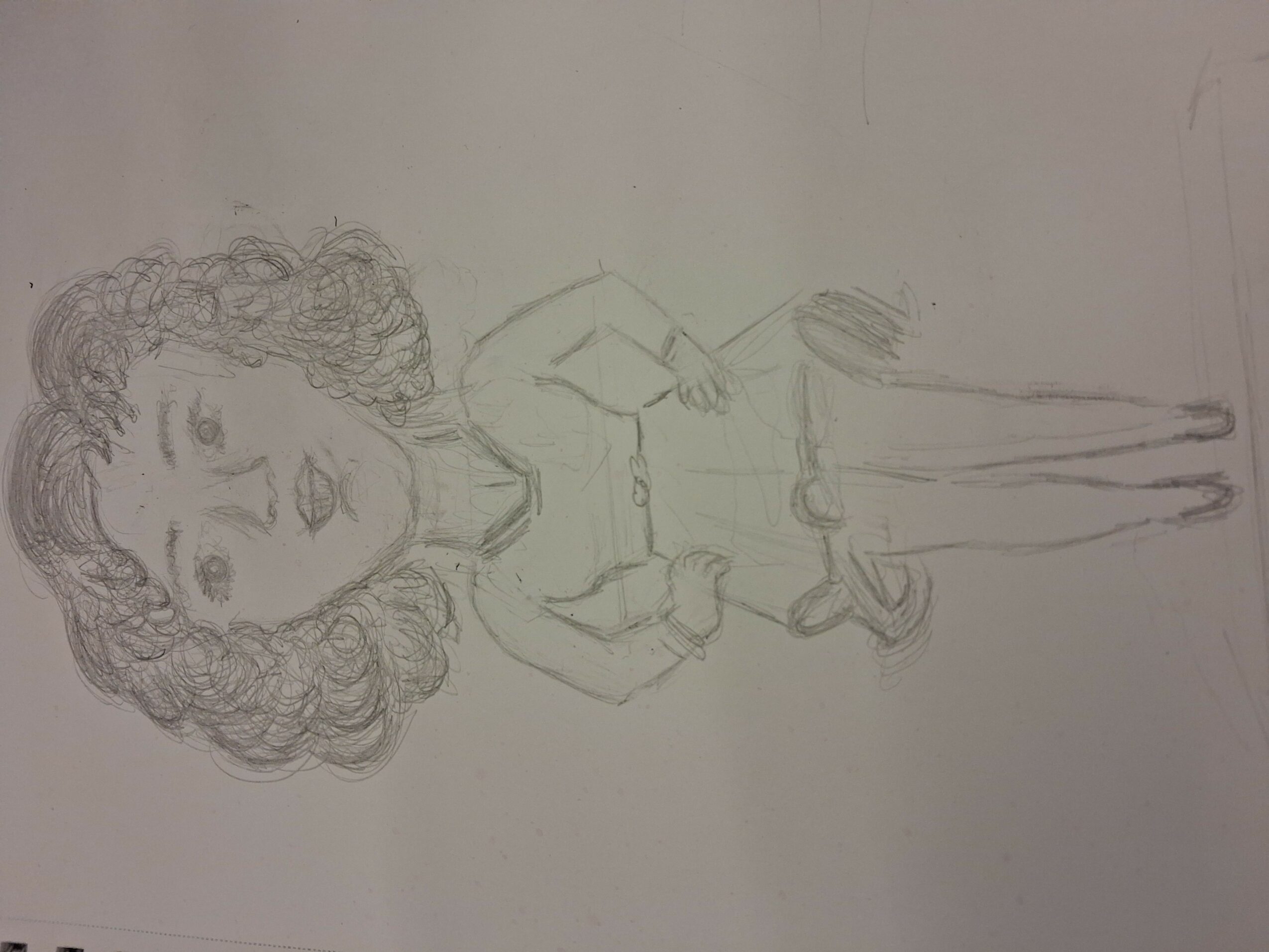 Pencil sketch of a woman with curly hair holding a small object, wearing a long dress, on a plain background.