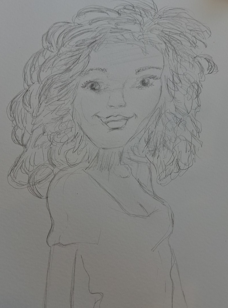 Pencil sketch of a woman with curly hair, looking forward, with detailed facial features and a simple top.