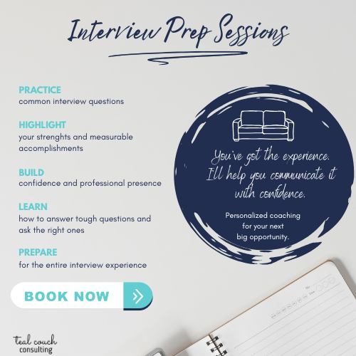 Text about interview prep sessions, a blue circle with a couch illustration, and a book on a white surface.