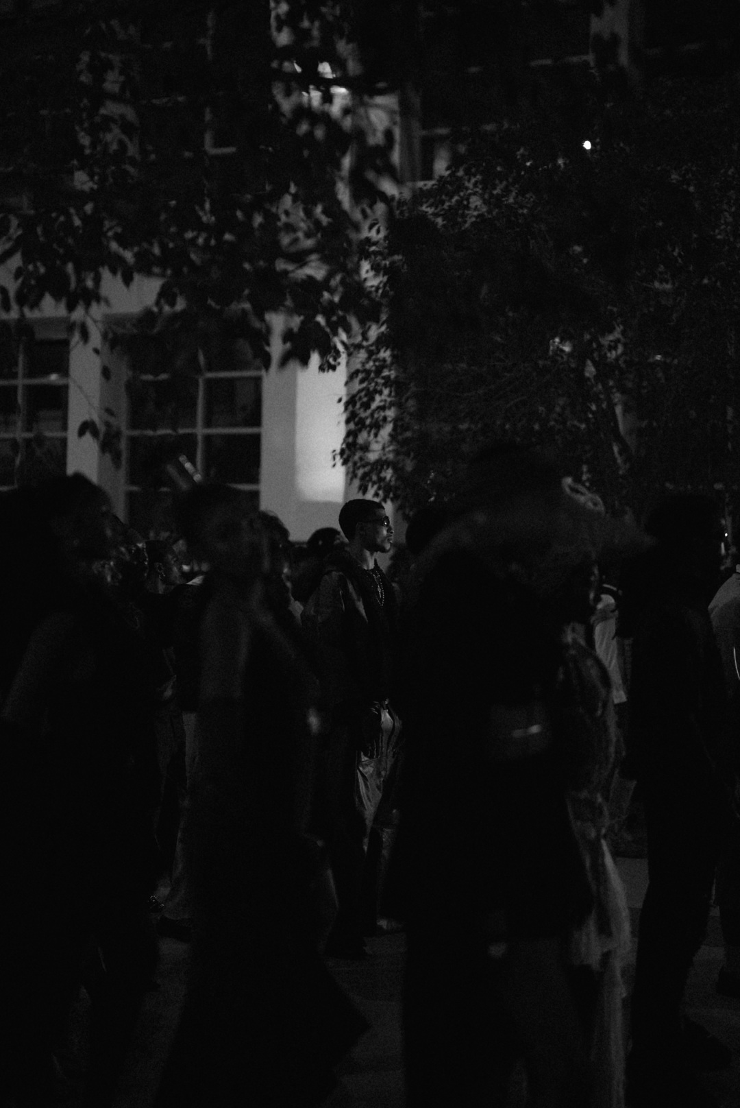 Group of people outdoors at night, some illuminated by light, with trees and building in background.