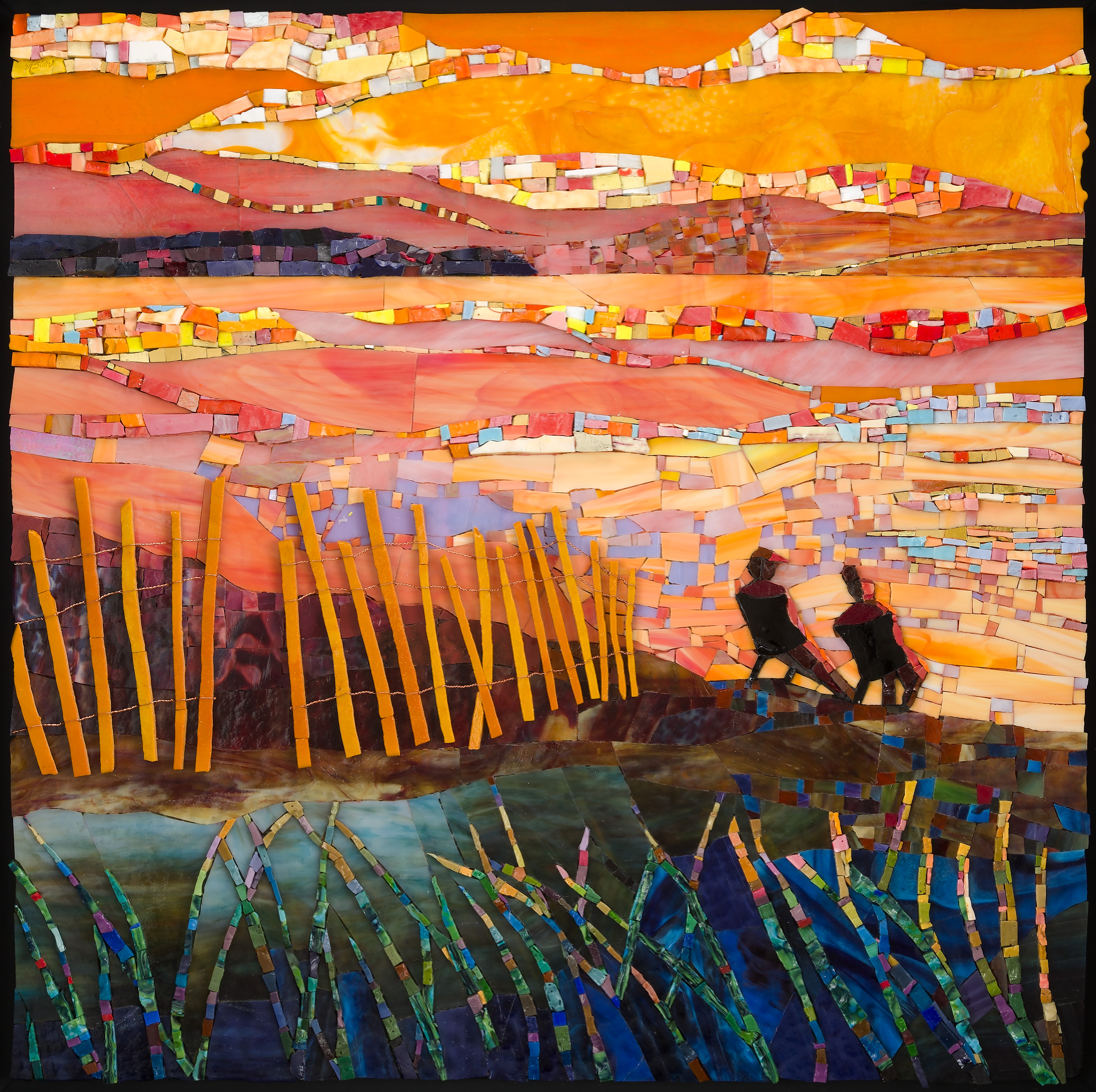 Colorful abstract landscape with two people sitting on a hill, vibrant sky, and stylized grass and trees, in a mosaic style.