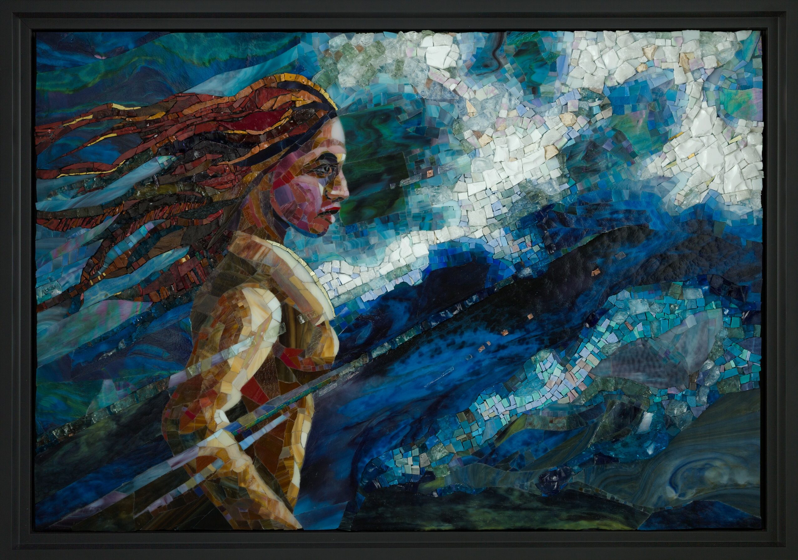 Painting of a woman with flowing hair standing against a blue and white abstract background.