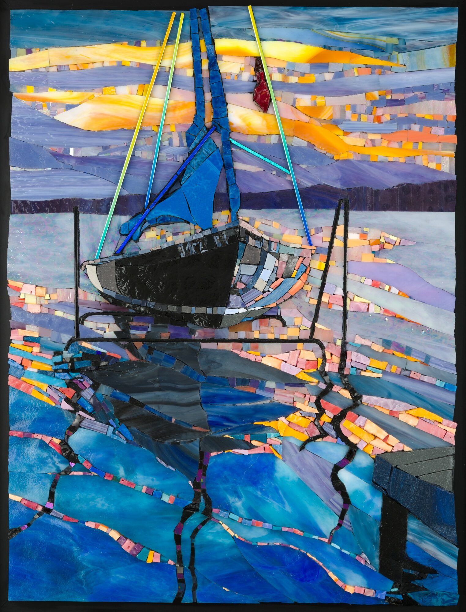 A boat is docked at a pier with colorful reflections on water, sunset sky with clouds, and a distant shoreline.