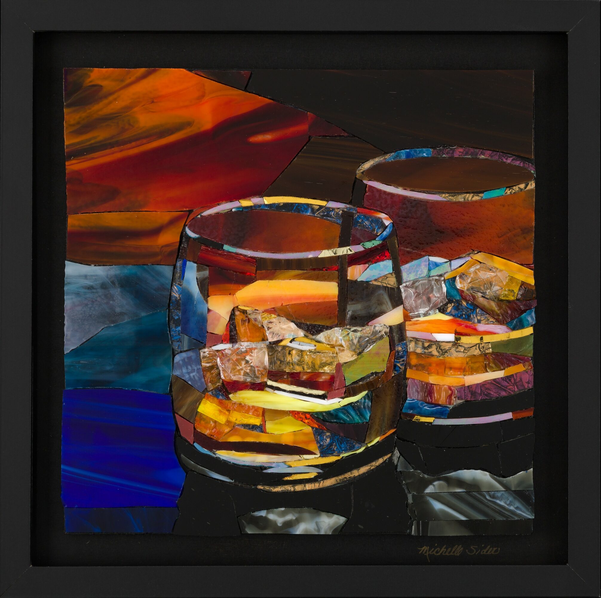 Two glasses with colorful abstract patterns, set against a dark background, with a vibrant orange and red abstract shape above. Word count: 20