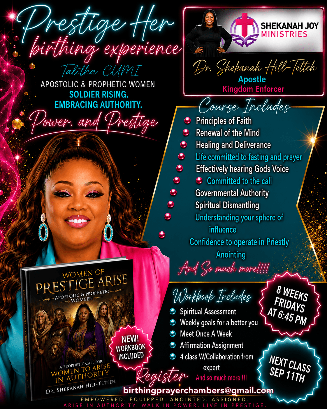 Promotional flyer for a birthing experience event featuring a smiling woman with earrings, event details, and contact information.